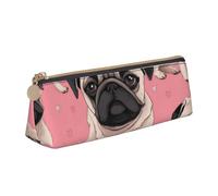 ESASAM Pug Dog Pink Background Leather Triangular Pencil Case, Lightweight and Cute, with Large Capacity
