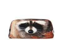 ESASAM Raccoon in The Fall Tree Hole Leather Zipper Three-Dimensional Pencil Case, Simple and Elegant, Fashionable and Practical