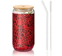ESASAM Red Leopard Pattern 16oz Bamboo Covered Straw Glass Cup, Highly Transparent and Bpa Free, Healthy and Environmentally Friendly