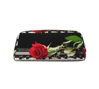 ESASAM Red Rose On Piano Leather Zipper Three-Dimensional Pencil Case, Simple and Elegant, Fashionable and Practical