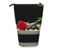 ESASAM Red Rose On Piano Vertical Retractable Pencil Case, Easy to Use, Adjustable Size According to Needs