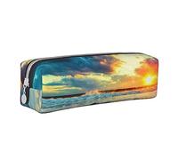 ESASAM Sunset Beach Leather Zipper Three-Dimensional Pencil Case, Simple and Elegant, Fashionable and Practical