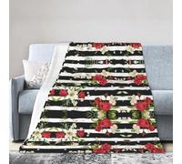 ESASAM Super Soft Flannel Blanket Black White Stripes Red Rose Flowers, Warm And Not Pilling, Super Light