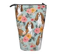 ESASAM Sweet Basset Hound Florals Vertical Retractable Pencil Case, Easy to Use, Adjustable Size According to Needs