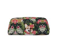 ESASAM Tropical Flower and Corgi 2 Leather Zipper Three-Dimensional Pencil Case, Simple and Elegant, Fashionable and Practical