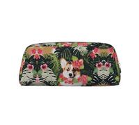 ESASAM Tropical Flower and Corgi 2 Leather Zipper Three-Dimensional Pencil Case, Simple and Elegant, Fashionable and Practical