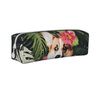 ESASAM Tropical Flower and Corgi 2 Leather Zipper Three-Dimensional Pencil Case, Simple and Elegant, Fashionable and Practical