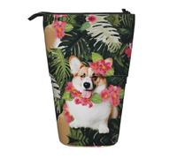 ESASAM Tropical Flower and Corgi 2 Vertical Retractable Pencil Case, Easy to Use, Adjustable Size According to Needs