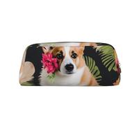 ESASAM Tropical Flower and Corgi Leather Zipper Three-Dimensional Pencil Case, Simple and Elegant, Fashionable and Practical