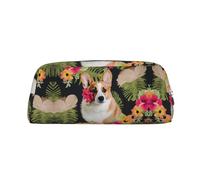 ESASAM Tropical Flower and Corgi Leather Zipper Three-Dimensional Pencil Case, Simple and Elegant, Fashionable and Practical