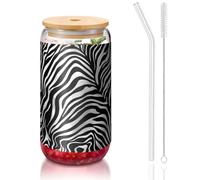 ESASAM Zebra-Print 16oz Bamboo Covered Straw Glass Cup, Highly Transparent and Bpa Free, Healthy and Environmentally Friendly