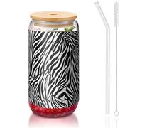 ESASAM Zebra Print 16oz Bamboo Covered Straw Glass Cup, Highly Transparent and Bpa Free, Healthy and Environmentally Friendly