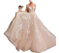 ESBANT Ivory Long Plus Size A Line Long Sleeves Lace Tulle Appliqué Sexy V-Neck U-Back Bridal Gown with Train - Ivory, Size 40