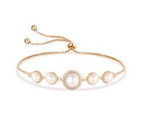 Esbbela Pearl Slider Bracelet | White Gold/Yellow Gold Bracelets for Women Pearl/Lucky Clover/Bear Wrist Jewelry|Adjustable Size 5-10 inches, 7.50, Brass, Cubic Zirconia