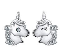 Esberry 18K Gold Plating 925 Sterling Silver Stud Earrings Unicorn with Cubic Zirconia Asymmetry Earrings Hypoallergenic Earrings for Girls and Women (White)