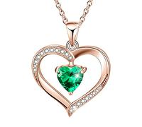 Esberry Forever Love Heart Necklace 18K Gold Plated 925 Sterling Silver Birthstone Pendant Necklace with 5A Cubic Zirconia Birthday Gifts for Women and Girls (Rose Gold-May-Emerald)