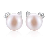 Esberry✦Gift for Christmas✦ 18K Gold Plating 925 Sterling Silver Cat Stud Earrings Natural Freshwater White Pearl Earrings Cute Cat Hypoallergenic Earrings for Women and Girls (White Gold-1)