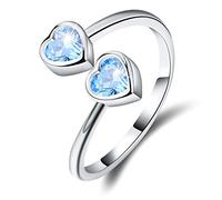 Esberry ✦Gifts for Christmas✦ 18K Gold Plating 925 Sterling Silver Birthstone Rings Heart Shape Cubic Zirconia Rings Double Gemstone Adjustable Rings for Women (March-Aquamarine)
