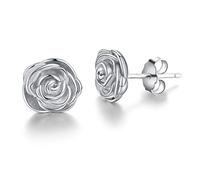 Esberry ✦Gifts for Christmas✦ 18K Gold Plating 925 Sterling Silver Rose Stud Earrings Hypoallergenic Flower Earrings Jewelry for Women and Girls (White Gold)