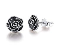 Esberry ✦Gifts for Christmas✦ 18K Gold Plating 925 Sterling Silver Rose Stud Earrings Hypoallergenic Flower Earrings Jewelry for Women and Girls (Antique Silver)