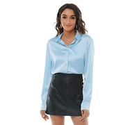 Escalier Women's Satin Silk Long Sleeve Button Down Shirt Casual Work Office Silky Blouse Top - blue - Medium