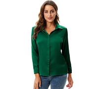 Escalier Women's Satin Silk Long Sleeve Button Down Shirt Casual Work Office Silky Blouse Top, Green, X-Large