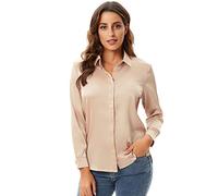 Escalier Women's Silk Blouse Long Sleeve Satin Button Down Shirt Casual Work Office Silky Blouse Top, Light Khaki, M