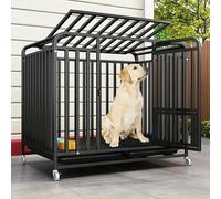 Escape Proof Large Dog Crate Cage with Lockable Wheels, Sturdy Galvanized Square Tube, Removable Tray & Skylight(Black,125 cm L x 95 cm W x 110 cm H)