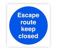 Escape Route Keep Closed - safety sign(Pack of 20) - High tack self-adhesive sticker (100mm x 100mm) Viewing Distance within 3m.