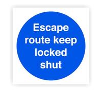 Escape Route Keep Locked Shut - safety sign(Pack of 2) - High tack self-adhesive sticker (100mm x 100mm) Viewing Distance within 3m.