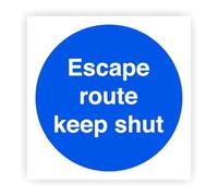 Escape Route Keep Shut - safety sign(Pack of 100) - High tack self-adhesive sticker (100mm x 100mm) Viewing Distance within 3m.