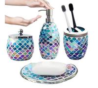 Escenzy Mermaid Bathroom Accessories Sets 4 Pcs | Luxurious Soap Dispenser, Toothbrush Holder, Cotton Glass Jar, Soap Tray | Mermaid Bathroom Decor | Modern Mosaic Glass Bathroom Accessories