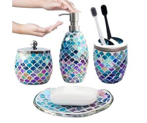 Escenzy Mermaid Bathroom Accessories Sets 4 Pcs | Luxurious Soap Dispenser, Toothbrush Holder, Cotton Glass Jar, Soap Tray | Mermaid Bathroom Decor | Modern Mosaic Glass Bathroom Accessories