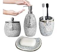 Escenzy Silver Bathroom Accessories Set 4 Pcs | Handcrafted Mosaic Glass Soap Dispenser, Toothbrush Holder, Cotton Jar, Soap Tray | Luxury Silver Glitter Bathroom Decor | Glam Home Gift