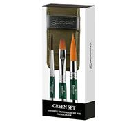 ESCODA Set 3 Watercolor Brushes - Green Travel Set N.4,12,16 Round Pointed Long Tip Bright Synthetic Hair Ultimo Barroco Prado Series Canvas Case Professional Handmade in Barcelona.