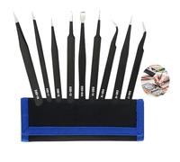 ESD Tweezers Set, 9 PCS Precision Tweezers Set with Thickened Canvas Bag Professional Anti-Static Stainless Steel for Electronics Craft Jewellery Watches Soldering Laboratory Work and Detailed Work