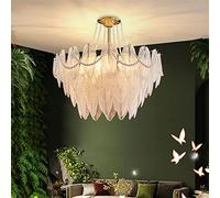 ESDFGYU Chandelier Contemporary Glass Ceiling Chandelier with Textured Leaf Shade, Creative Glass Feather Art Deco Pendant Light, Adjustable Cord 4/6 Lights Hanging for Living Room