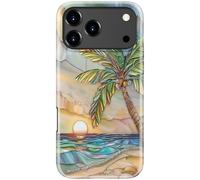 Esdot for iPhone 17 Pro Case Cute - Wireless Charging Compatible - Dual-Layer Soft Silicone + Hard Shell - Wildflower Design - Protective Phone Cover for Women Girls - Palm Tree Sunset Beach