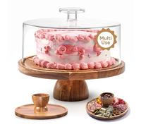 Esenlong 12" Acacia Wood Cake Stand with Clear Acrylic Dome Lid,2-in-1 Round Dessert Table Display Holder,Cake Tray for Cakes, Cupcakes & Valentine Baking Supplies(30cm)