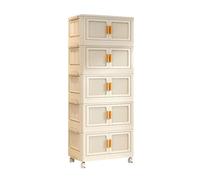 Esenlong 5 Tier Folding Storage Box,Stackable Storage Cabinet with Wheels,Stackable Storage Boxes with Lids and Front Opening Door,Kitchen Storage Containers Organizer,Cream