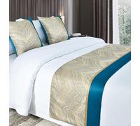 Eseriallen Luxury Hotel Grade Bed Runner Blue edged crescent moon white 2 Pillowcases(50X50cm) Elegant comfortable Fabric with Matching Cushions Wrinkle-Free and Premium Finish