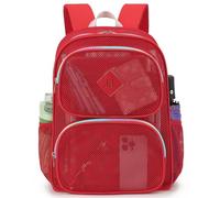 Esfoxes Mesh School Backpack for Girls Women, Heavy Duty See Through Net Bookbag Semi-Transparent College Student Back Pack, Red, 12.2" x 5.91" x 16.9" inches