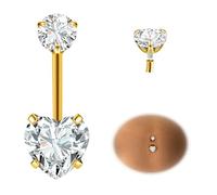 ESHIONER G23 Titanium Belly Button Bars Piercing Gold Heart Navel Piercing Ring Jewelry for Women Long Small Short Barbell White CZ Internally Threaded 14G 12MM