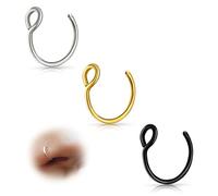 ESHIONER G23 Titanium Fake Nose Ring Septum Piercing Set False Lip Ring Cartilage Rings Thin Small Helix Rings Hypoallergenic 20G 8MM Black Gold Silver 3PCS Hoop Clip on Nose Ring