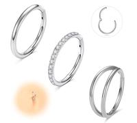 ESHIONER G23 Titanium Nose Ring Set Septum Piercing Jewellery Hinged Segment Helix Conch Tragus Cartilage Lip Rings CZ Double line Silver 16G Thickness 8MM Nose Hoop Hypoallergenic