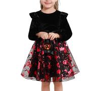ESHOO Toddler Girl Tutu Dresses Velvet Ruffle Long Sleeve Kids Halloween Spider Pumpkin Tulle Holiday Party Princess Dress Costumes