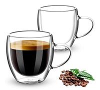 Esilihom 2 Pack Double Walled Coffee Glasses Mugs, 250ml Cappuccino Latte Macchiato Glasses Cups with Handle, Heat Resistant Borosilicate Glasses Cup for Coffee Tea Milk Juice Ice Cream