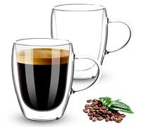 Esilihom 2 Pack Double Walled Coffee Glasses Mugs, 350ml Cappuccino Latte Macchiato Glasses Cups with Handle, Heat Resistant Borosilicate Glasses Cup for Coffee Tea Milk Juice Ice Cream