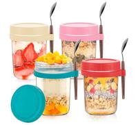 Esilihom 4 Pack Reusable Overnight Oats Jars with Lid and Spoon, 350ml Yoghurt Pots Jars for Overnight Oats Container, Glass Mason Jars for Cereals, Milk, Yogurt, Fruit, Salad