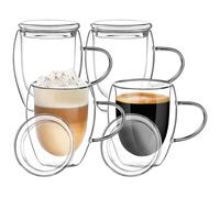 Esilihom 4x350ml Double Walled Glass Coffee Mugs with Lid, Cappuccino Macchiato Latte Glasses Cups with Handle, Heat Resistant Borosilicate Cup for Coffee Tea Milk Juice Ice Cream